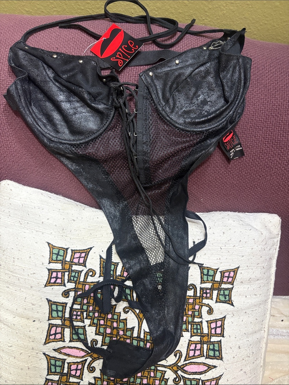 NWT Women's Black Lace-Up Shimmery Mesh Bodysuit